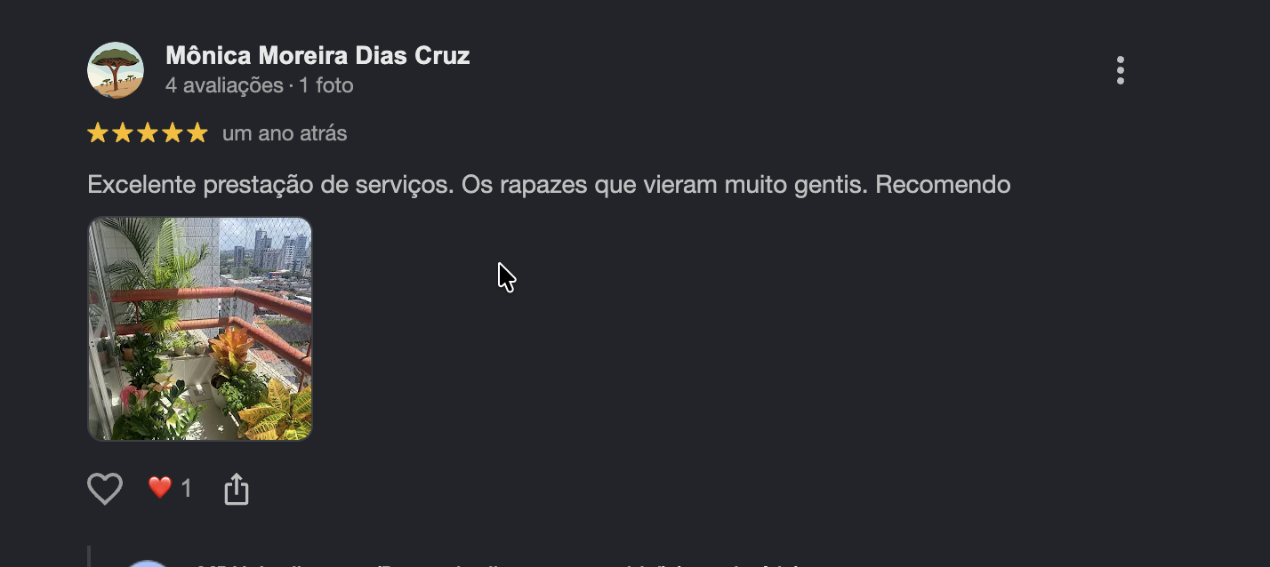 Avaliação de cliente da MDH Jardinagem no Google