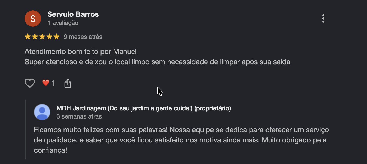 Avaliação de cliente da MDH Jardinagem no Google