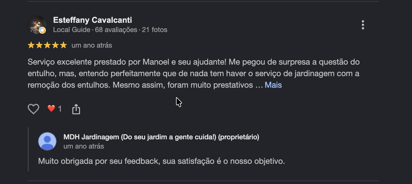 Avaliação de cliente da MDH Jardinagem no Google