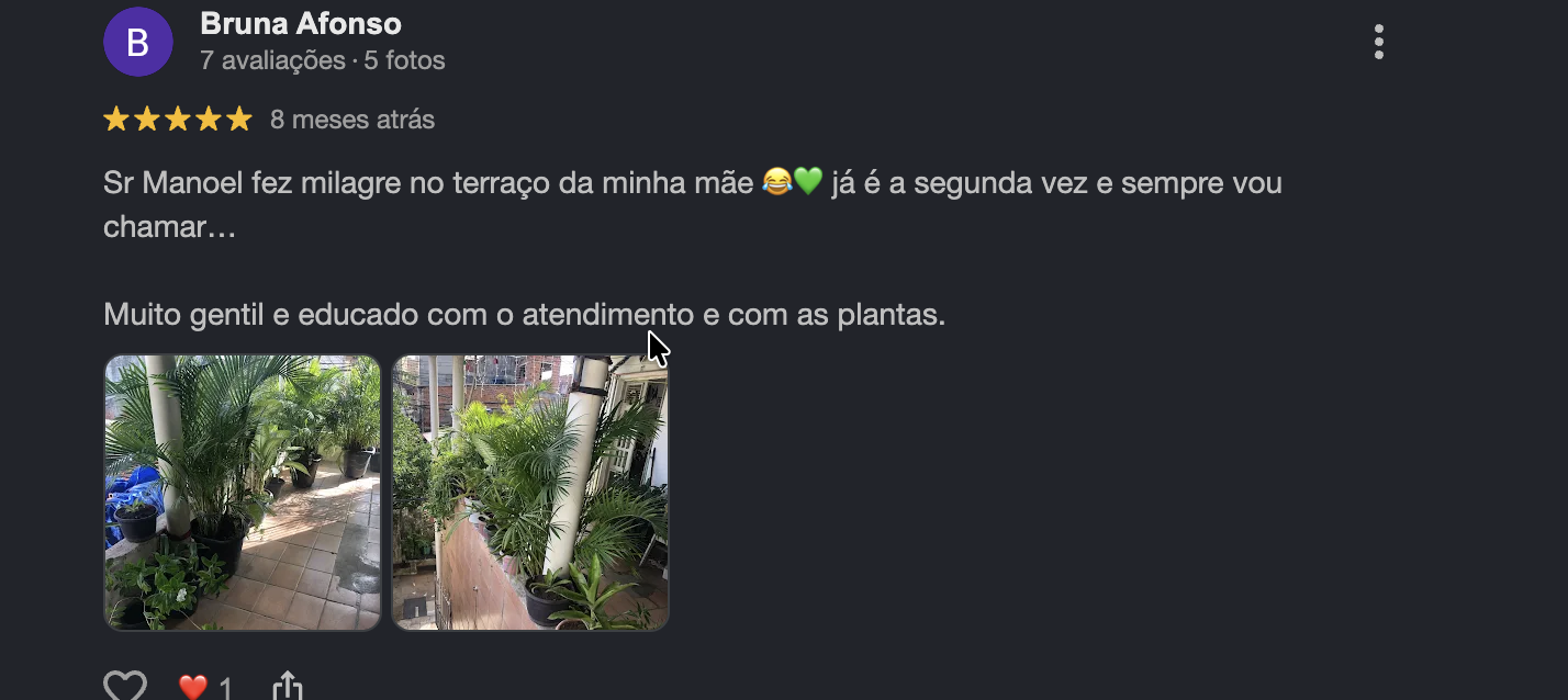 Avaliação de cliente da MDH Jardinagem no Google