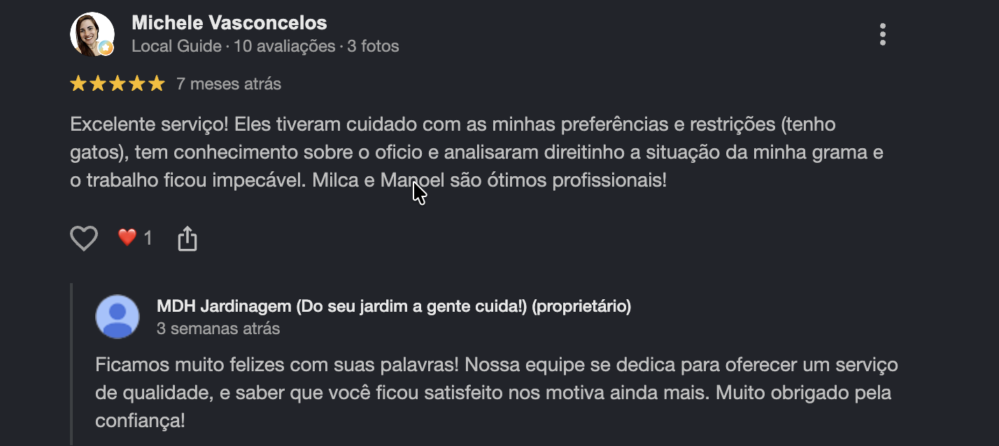 Avaliação de cliente da MDH Jardinagem no Google