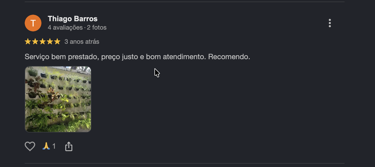 Avaliação de cliente da MDH Jardinagem no Google